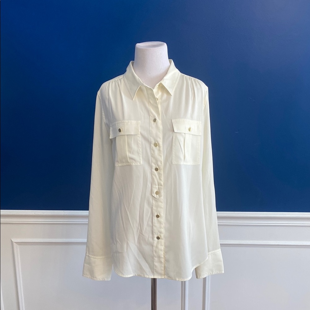Calvin Klein Cream Button-Up Shirt with front pockets. Large